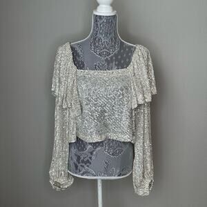 FREE PEOPLE Womens Silver Sequin Long Sleeve Cropped Flutter Blouse Size XS